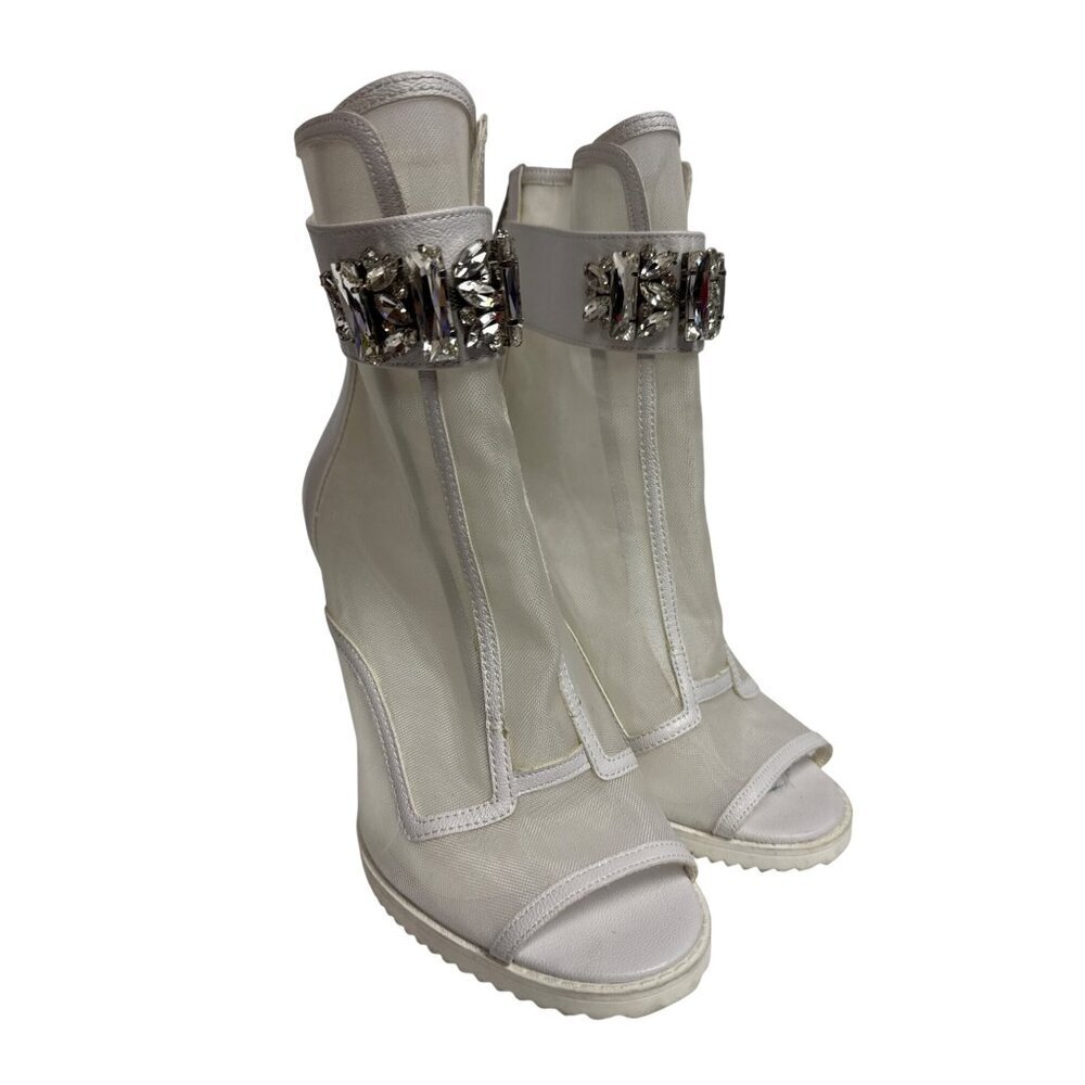 Karl Lagerfeld Blayze Women's Bootie Heeled Boot White Mesh Peep Toe Size 9